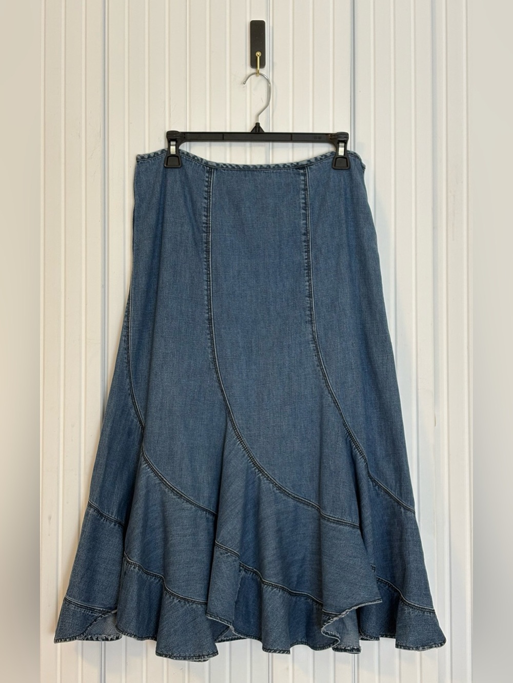 Style & Co Denim Midi Skirt 8P Ruffle Paneled Cowgirl Y2K Western Layer Boho